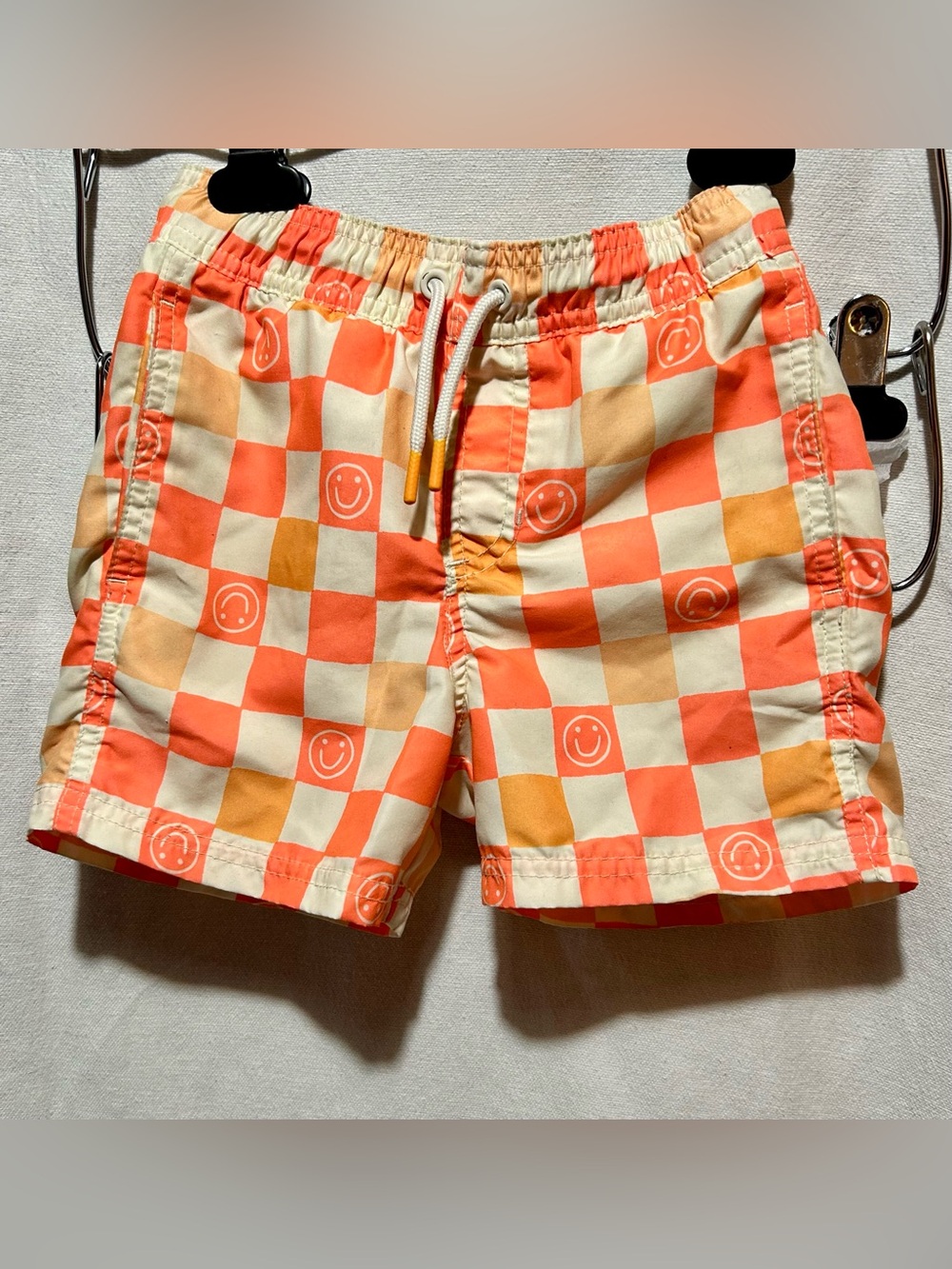 Cat & Jack Boys Swim Trunks XS 4/5 Orange Checkerboard Smiley Face